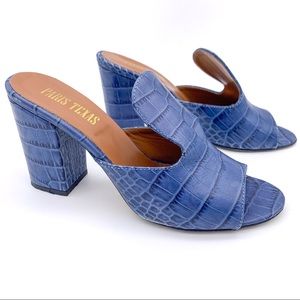 Paris Texas Embossed Leather Python Blue Heeled Block Heel Mules